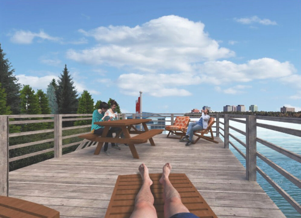 Exterior render of people relaxing on a wooden deck overlooking a lake