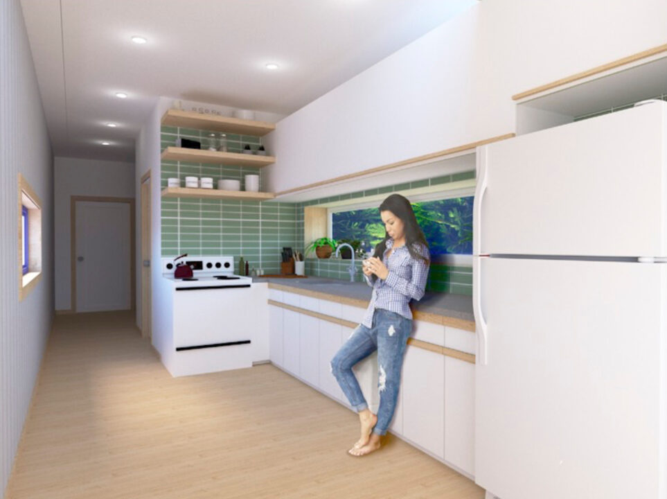 Interior render of a woman standing in a small kitchen space