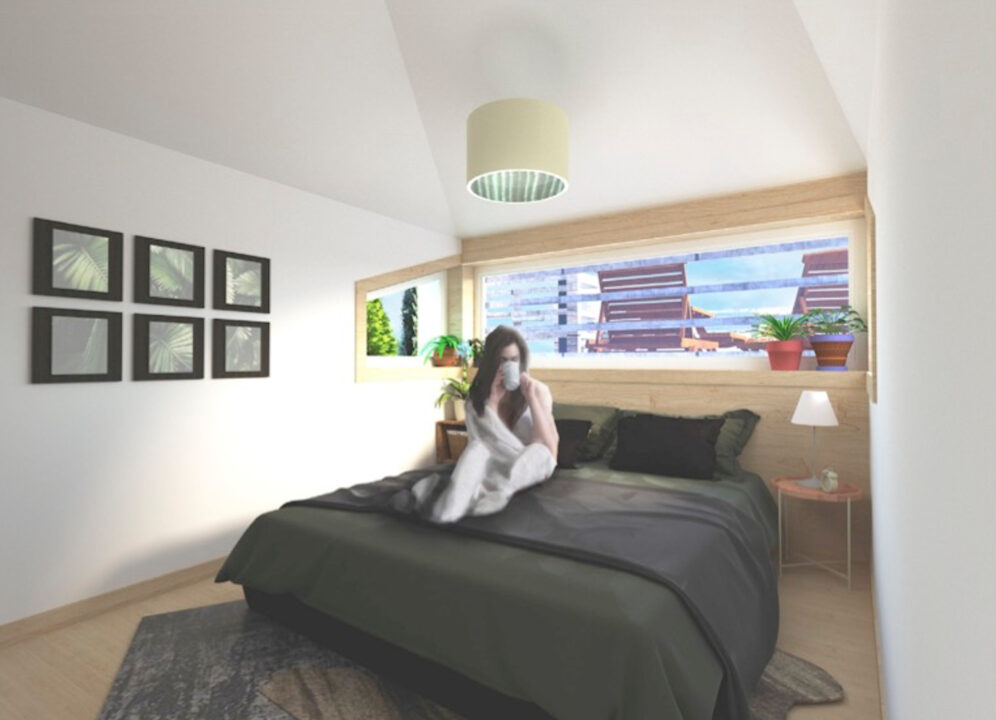 Interior render of a woman sitting on a bed in a small room