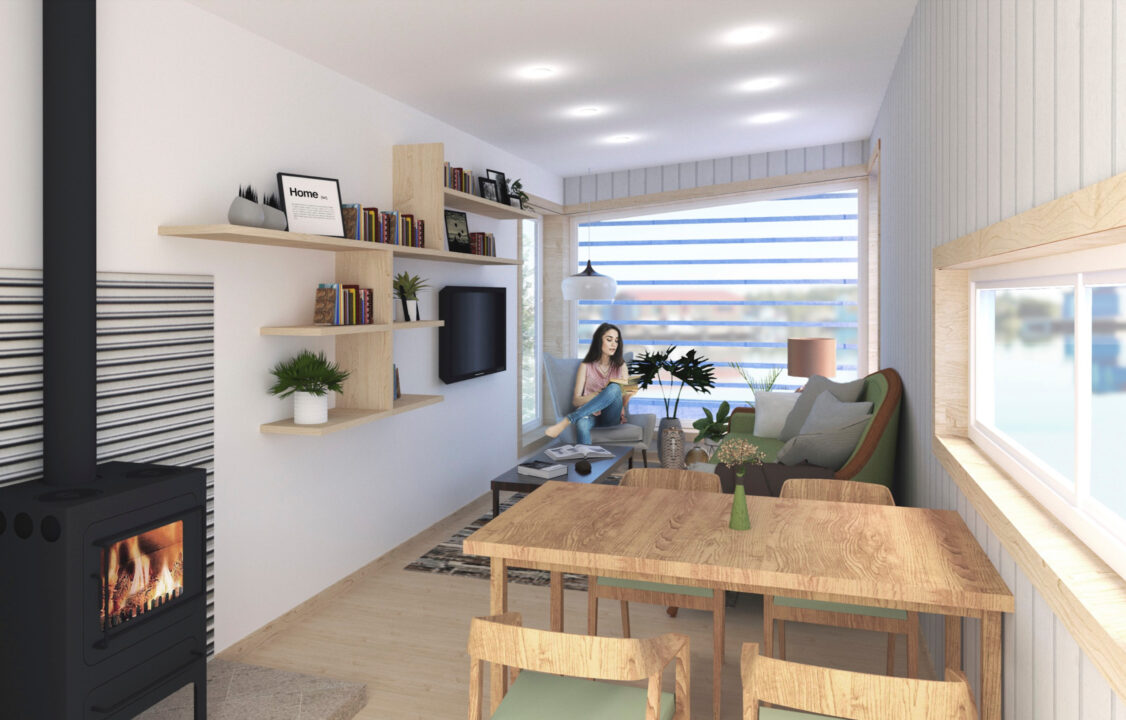 Interior render of a person reading inside a small living space