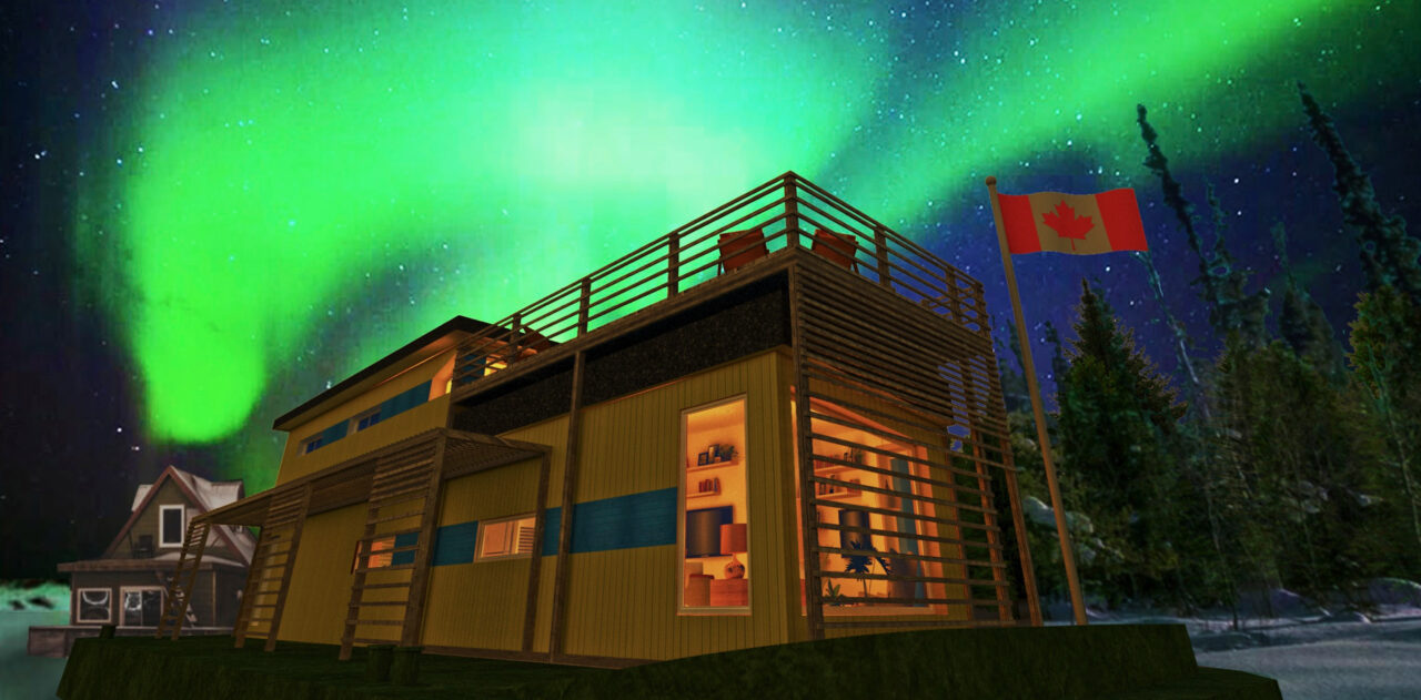 Exterior render of the student designed building with the northern lights behind
