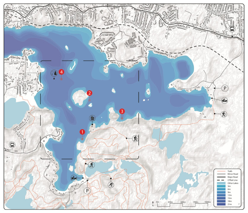 Map of a lake and the surrounding areas with site analysis