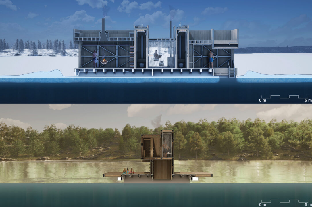 Two exterior renders, one in the winter and one in the summer of the student designed floating sauna space on water