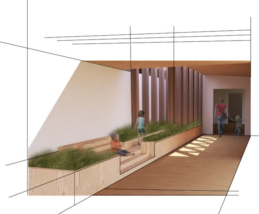 Interior render of a hallway with stairs in an early childhood education center