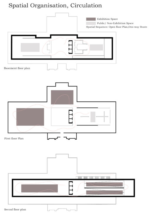 Three spatial organization, circulation drawings of the basement, first and second floor of an art gallery by Muskan Goel