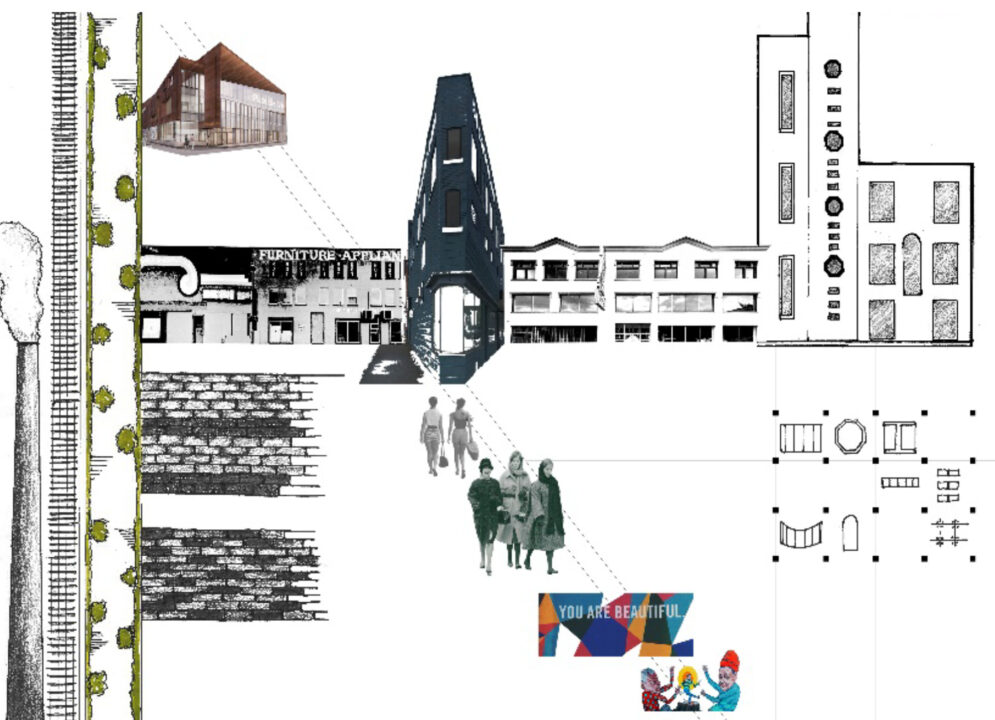 Photo collage combining drawings and images of downtown Sudbury