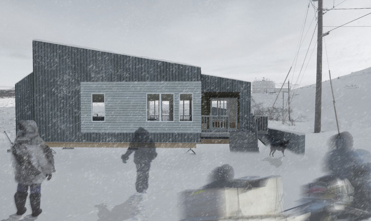 Exterior render during the winter of the student's design with people entering it