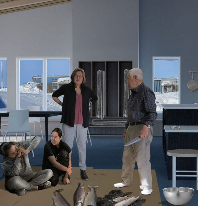 Interior render showing two children sitting on the floor around a pile of fish with an older couple above them