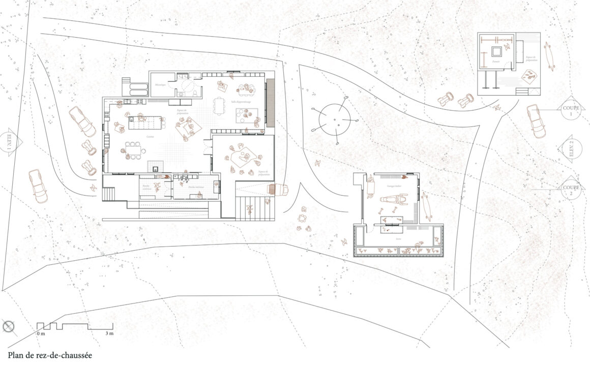 First floor plan showing the three built forms designed by the student and the landscaping that connects them
