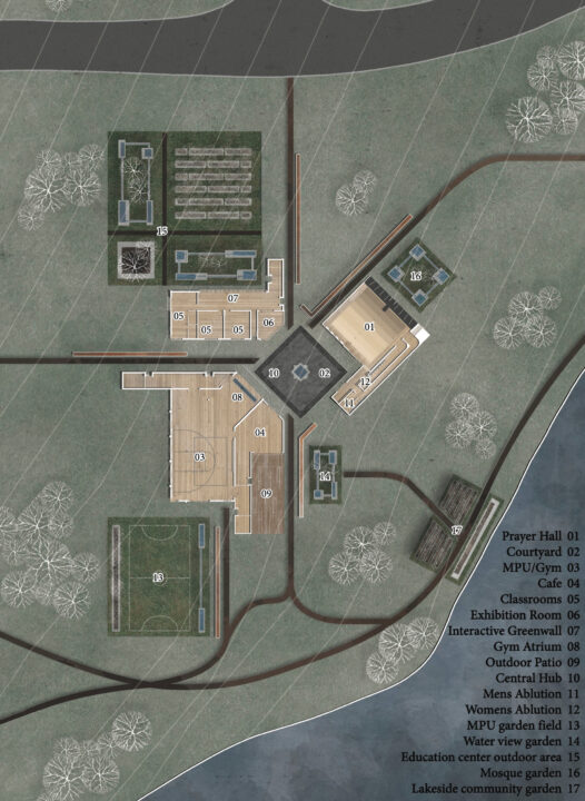 Floor plan of multiple buildings along with a student designed landscape