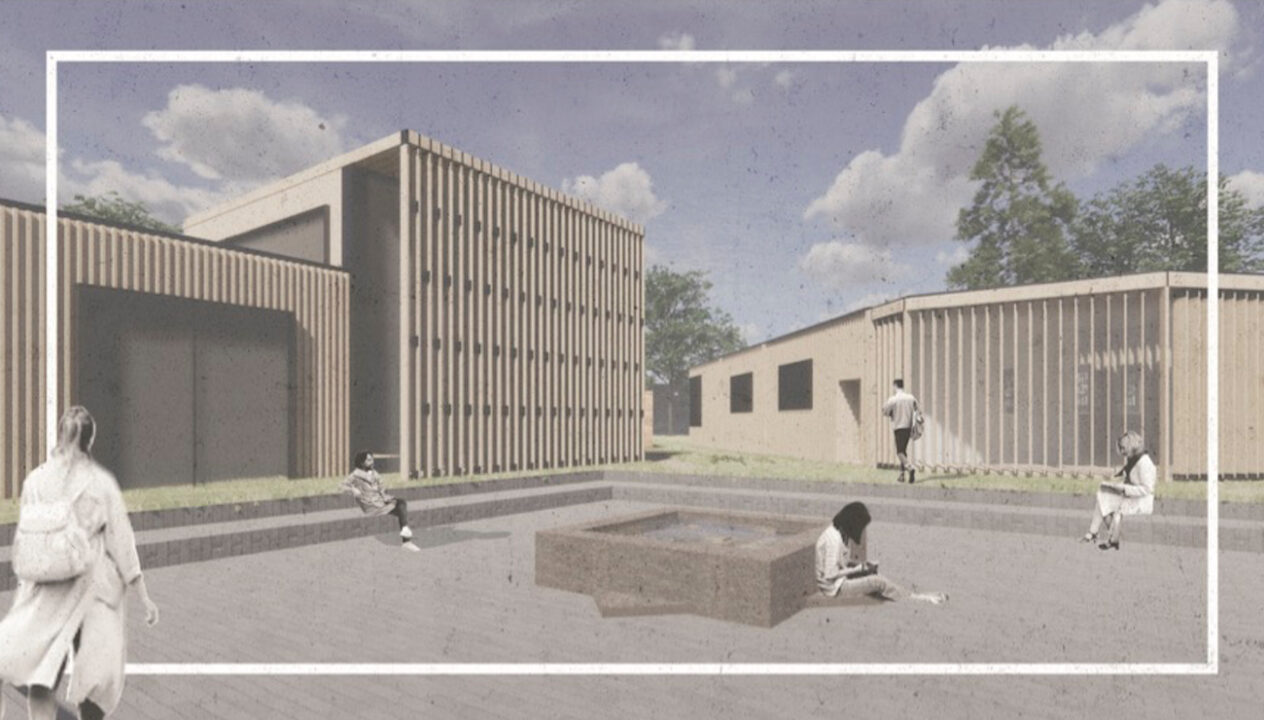 Exterior render of people sitting outside in a depressed area behind a building