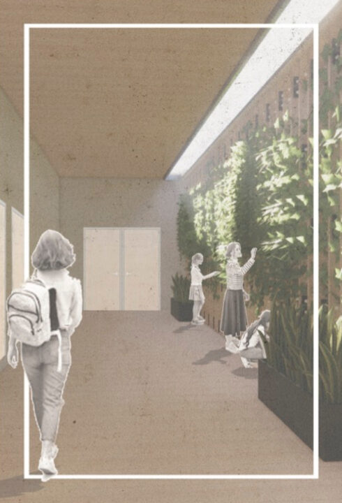 Interior render of people tending to a green wall