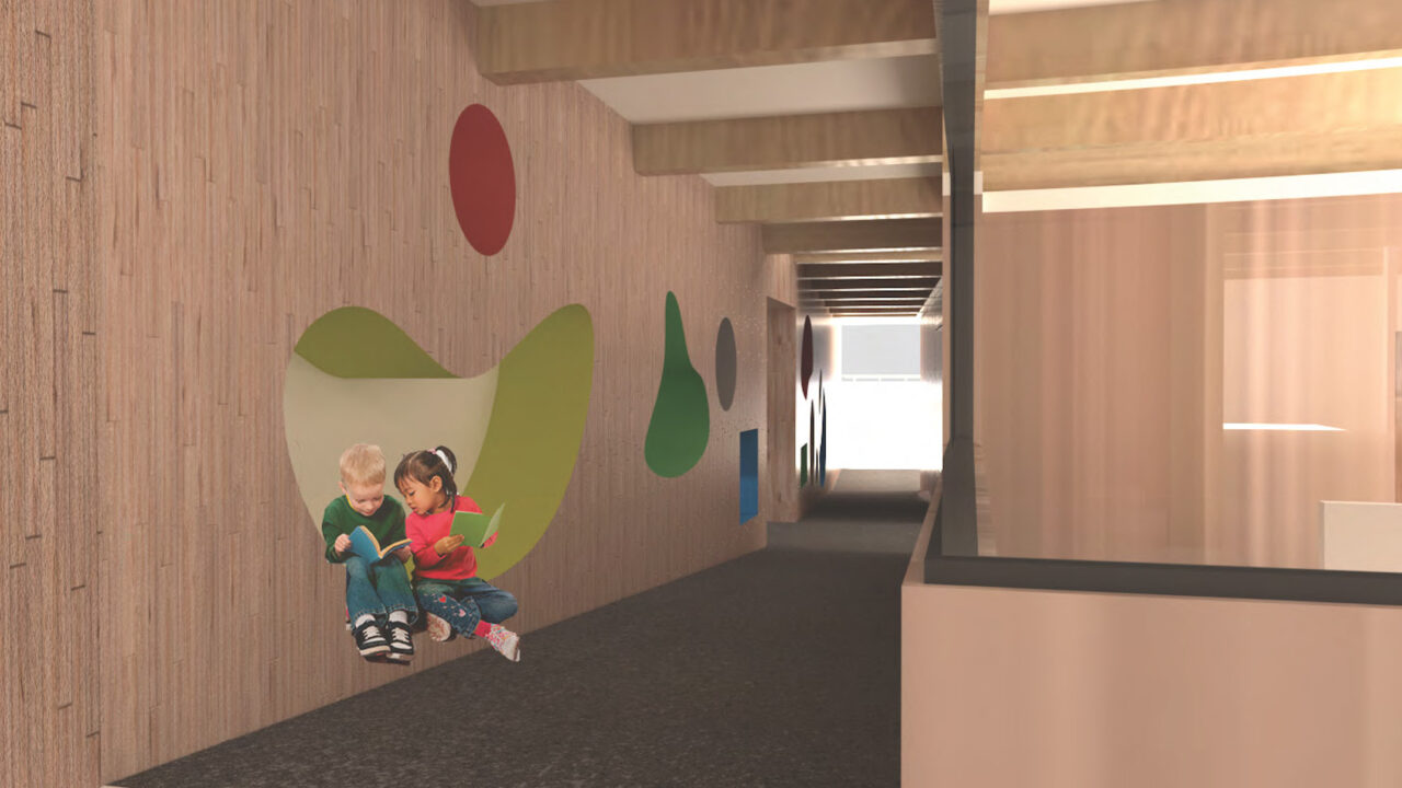 Interior render of a hallway with cutouts in the wall for children to sit