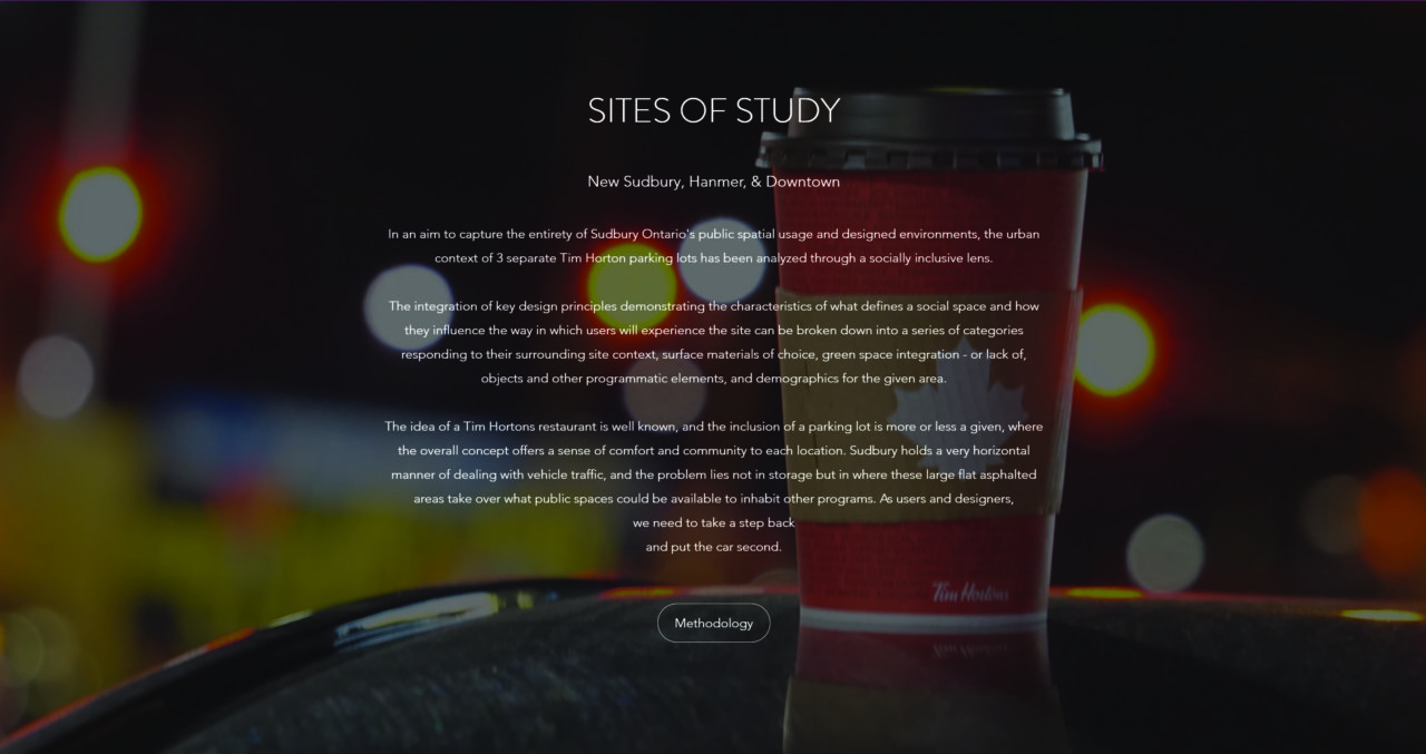 Website screenshot with a photograph of a tim hortons coffee cup with text overlaid