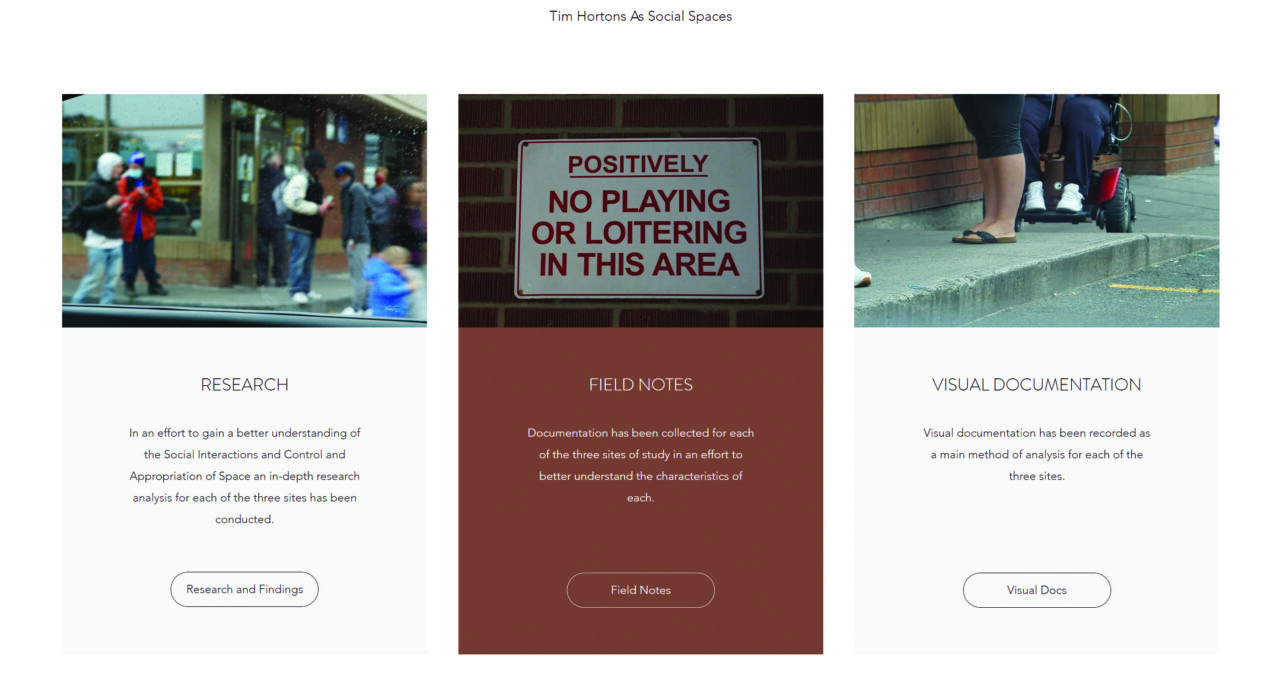 Website screenshot with three columns of text, each with their own photograph from various tim hortons locations