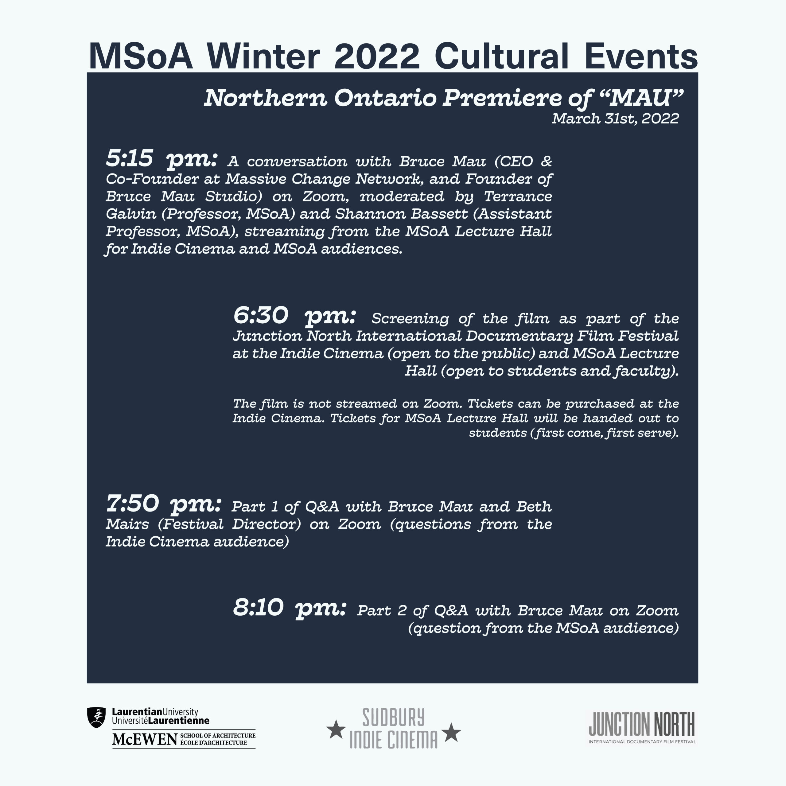 Poster for Bruce Mau's Film Screening Schedule (MSoA W2022 Cultural Events)