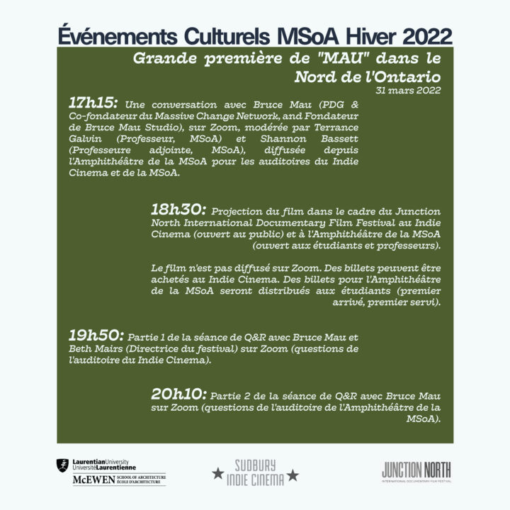 Affiche pour le programme de projections de films de Bruce Mau (MSoA W2022 Événement Culturel)