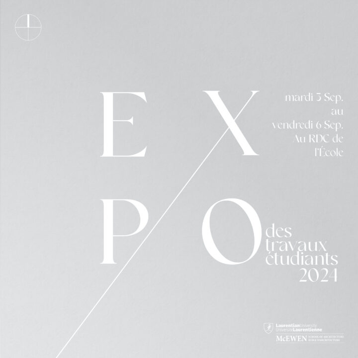 Affiche grise avec titre Expo des travaux étudiants 2024